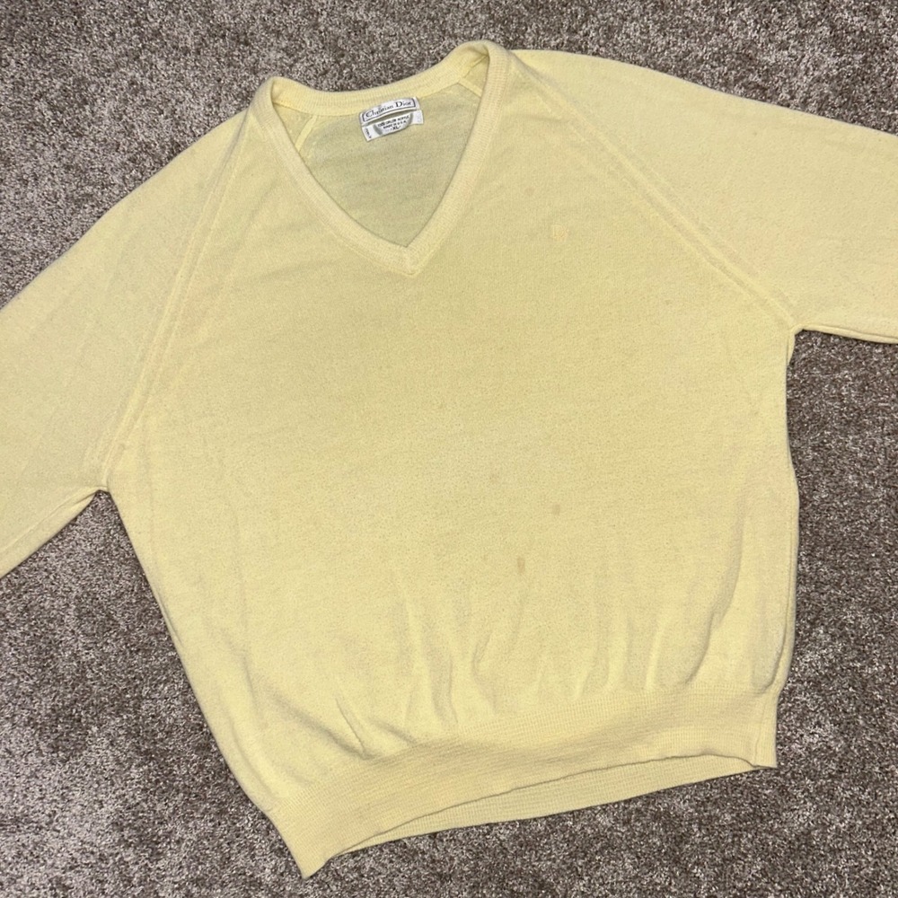 Vintage Christian Dior V-Neck Sweater Men‎ Size XL USA Made Orlon Acrylic Yellow